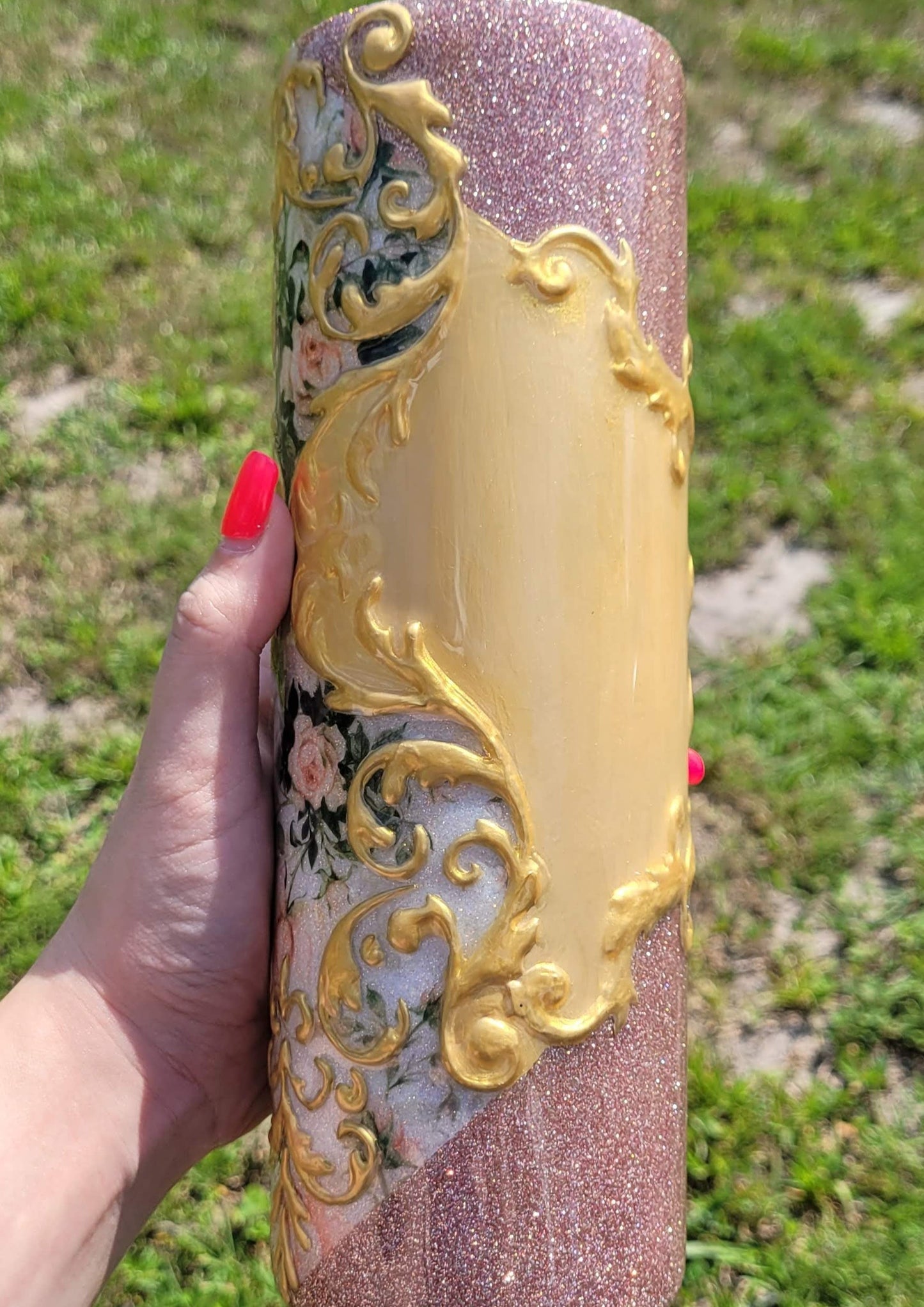 Vintage Floral Nail Art Inspired Blush and Gold Filigree Tumbler