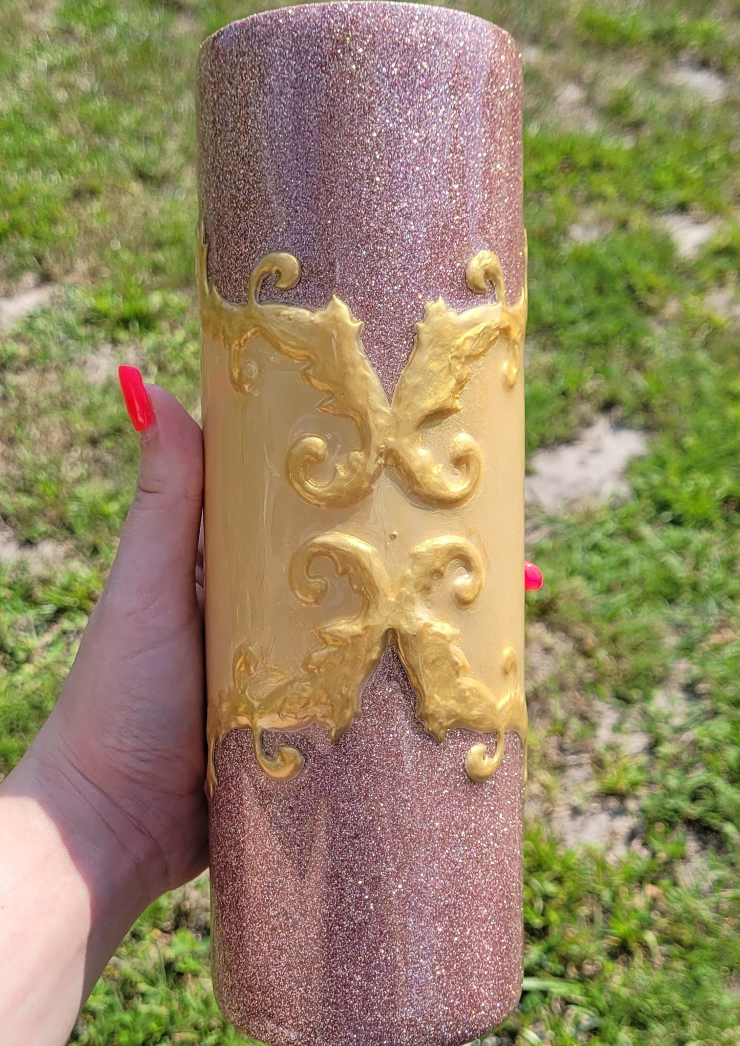 Vintage Floral Nail Art Inspired Blush and Gold Filigree Tumbler